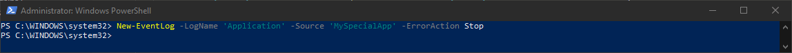 PowerShell output after creating the MySpecialApp source with New-EventLog