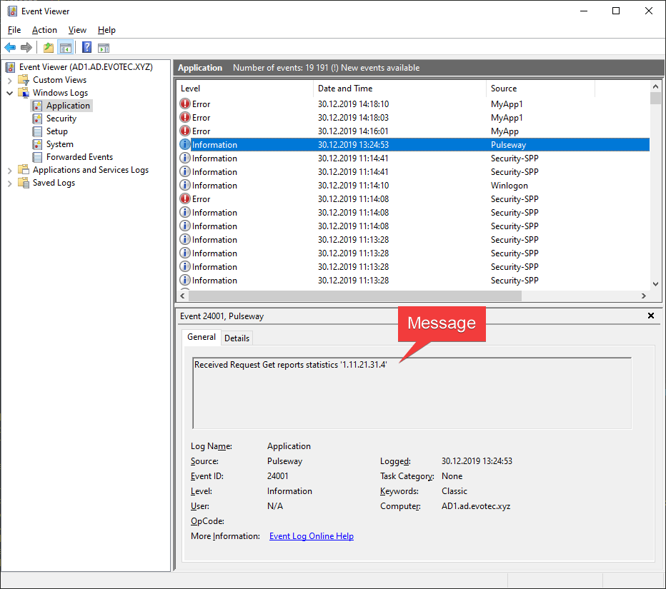 Event Viewer entry showing a standard event log message without extra fields