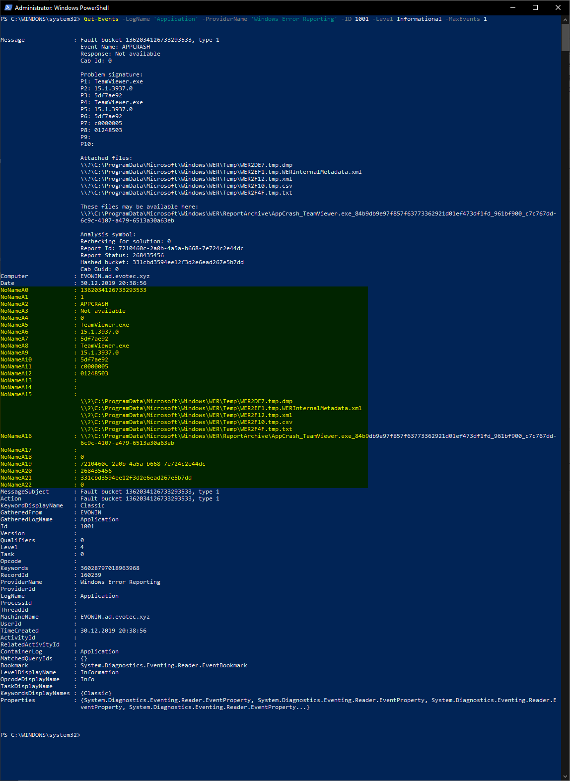 Get-Events output showing extracted TeamViewer crash fields from a Windows Error Reporting event
