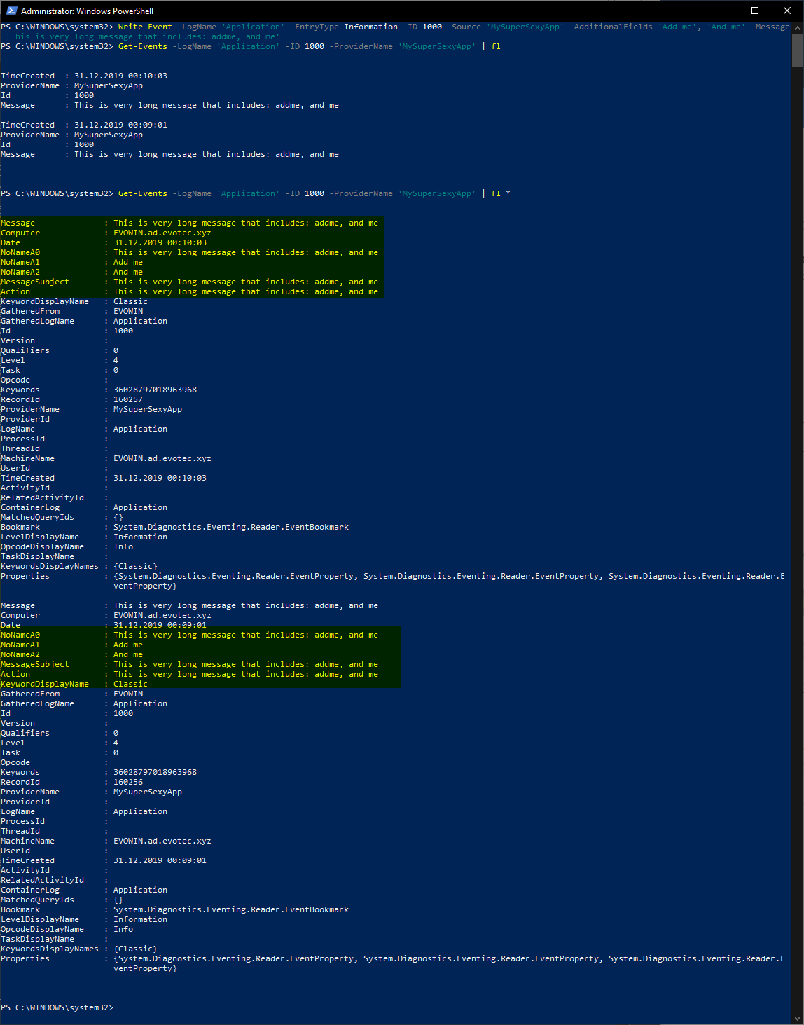 Get-Events output showing custom additional fields written by Write-Event