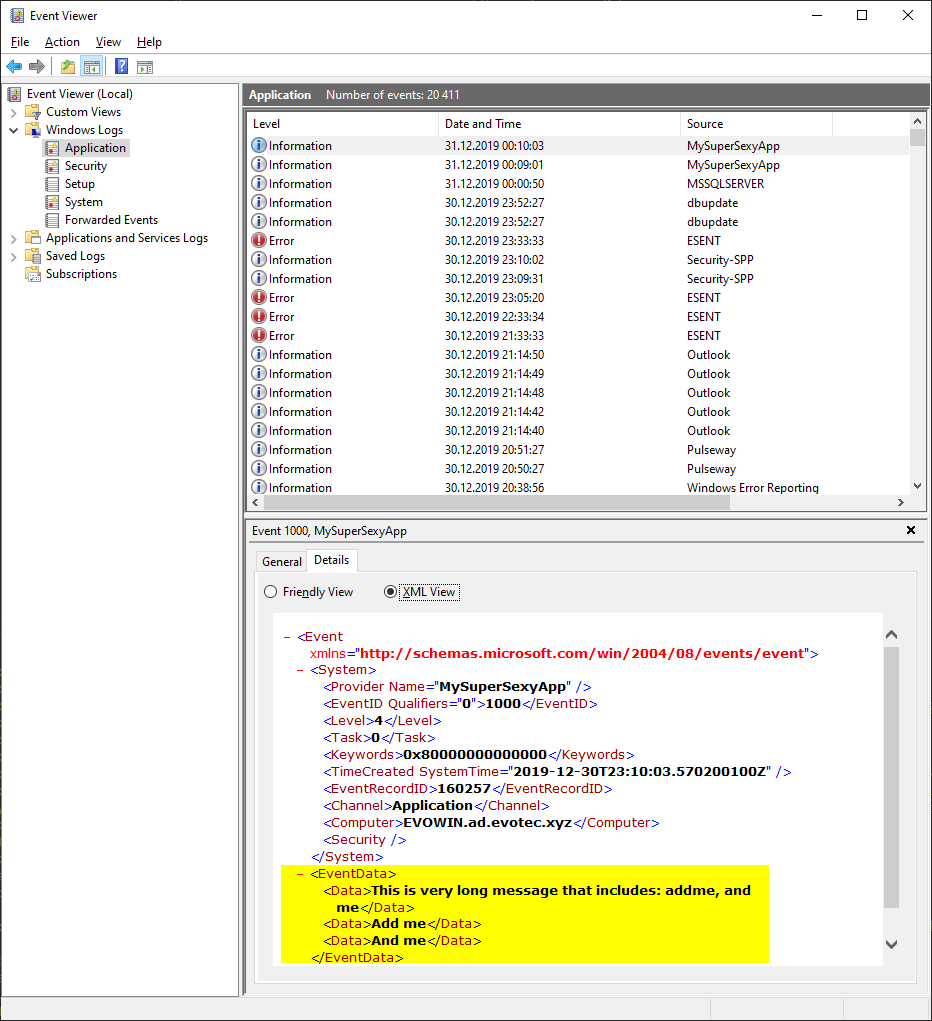 Event Viewer XML for a MySuperSexyApp event with message and additional fields