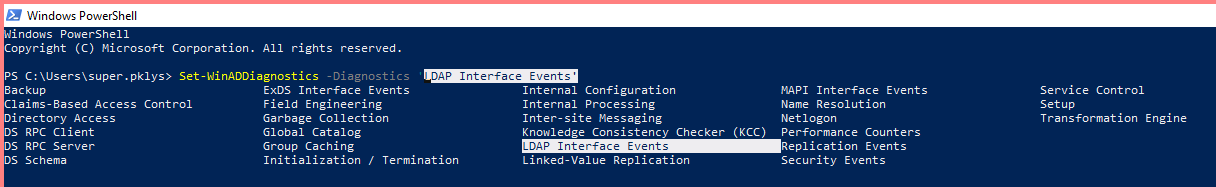ADEssentials Set-WinADDiagnostics output for LDAP Interface Events