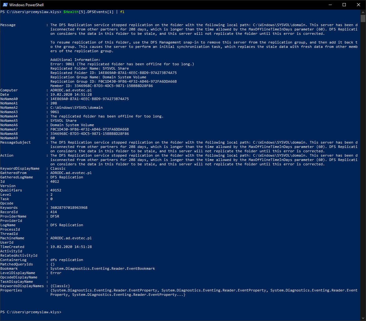 PowerShell view of DFS replication event details for a failed controller