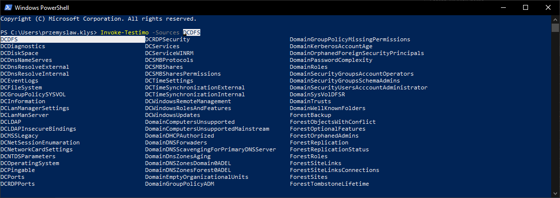 Invoke-Testimo source list highlighting the DCDFS test