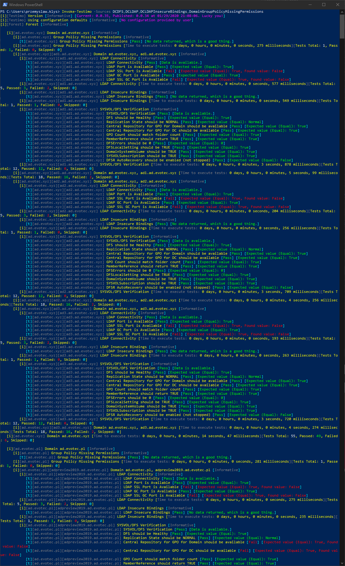 Invoke-Testimo console output for DFS, LDAP, insecure binding, and GPO permission checks