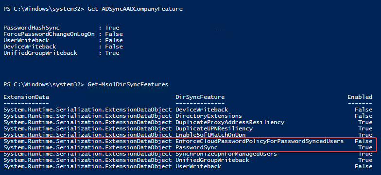 Azure AD Connect settings showing EnforceCloudPasswordPolicyForPasswordSyncedUsers disabled by default