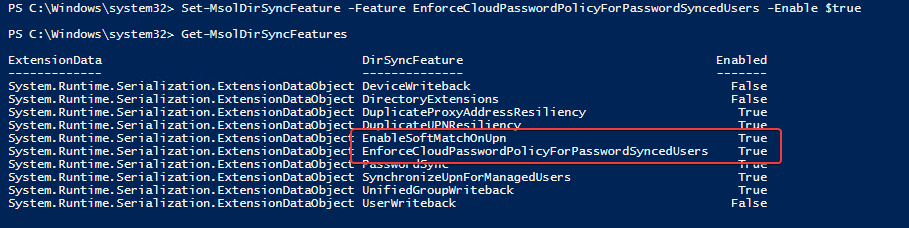 PowerShell output enabling cloud password policy for password-hash-synchronized users in Azure AD