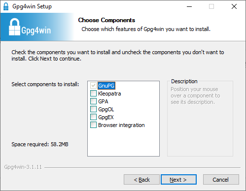 Gpg4win installer component selection screen on Windows