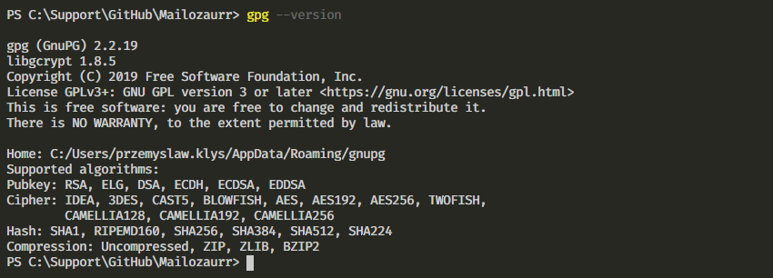Terminal output showing the installed GPG version and supported algorithms