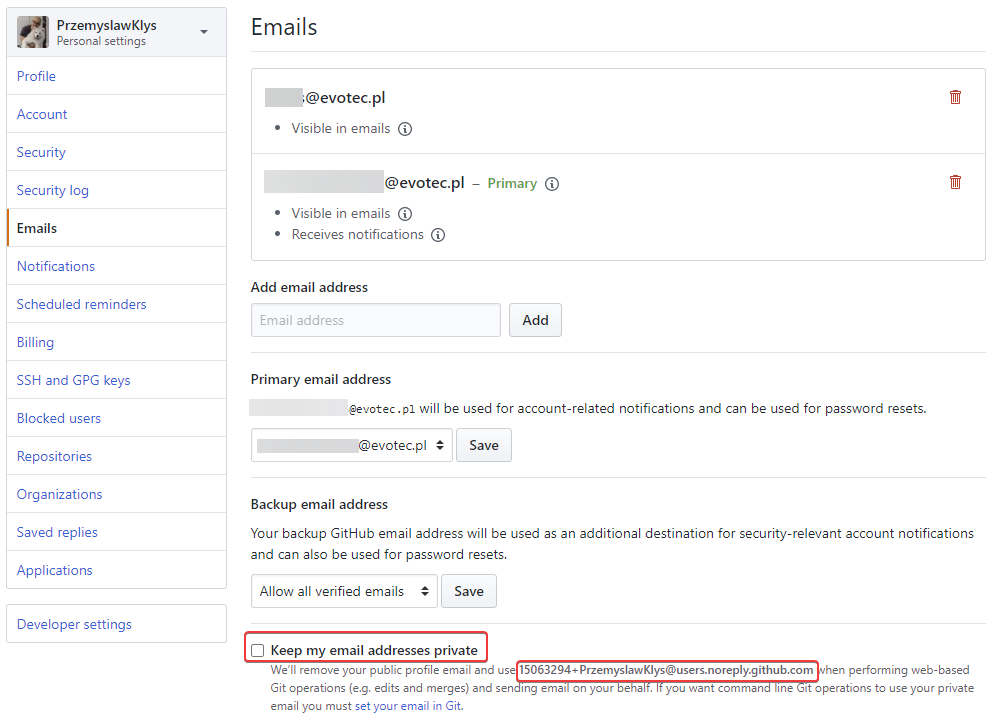 GitHub email settings page with private noreply address options