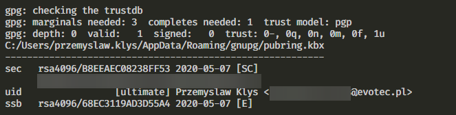 Terminal output listing the generated secret GPG key in long format