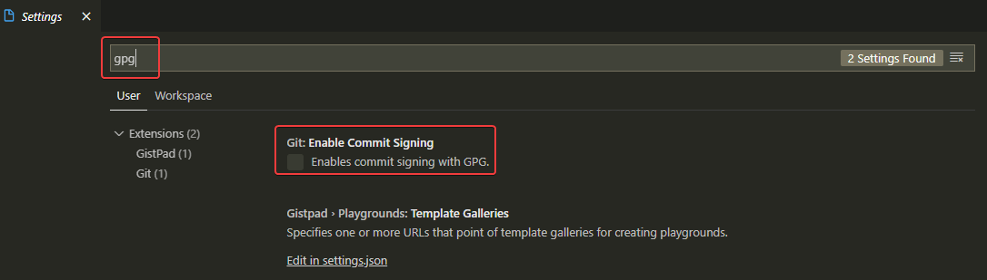 Visual Studio Code Git settings with commit signing enabled