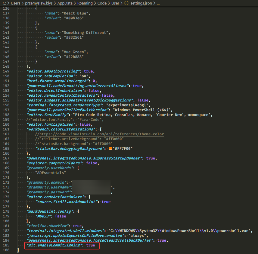 VS Code settings JSON showing git.enableCommitSigning set to true