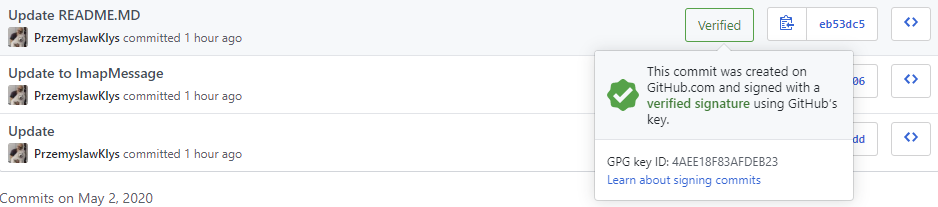GitHub commit history showing a verified badge next to recent commits