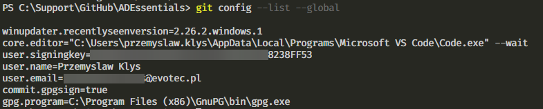 Git global configuration output with signing key and GPG settings