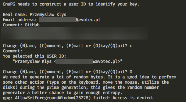 GPG key details copied into GitHub SSH and GPG keys settings