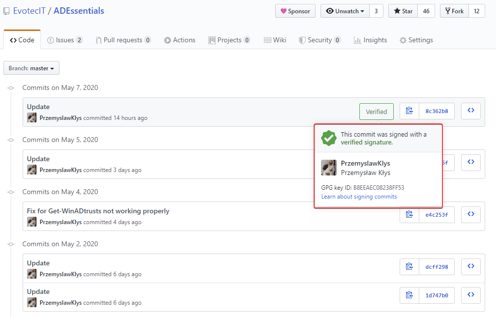 GitHub commit list with the green Verified badge visible after configuration