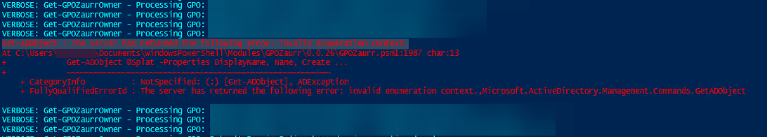 PowerShell error showing Get-ADObject failed with invalid enumeration context while processing GPOZaurr