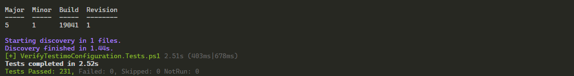 Pester 5 results after switching to TestCases, showing 231 passed and 0 failed