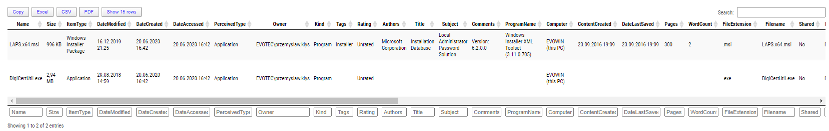 Out-HtmlView report showing file metadata in a searchable table