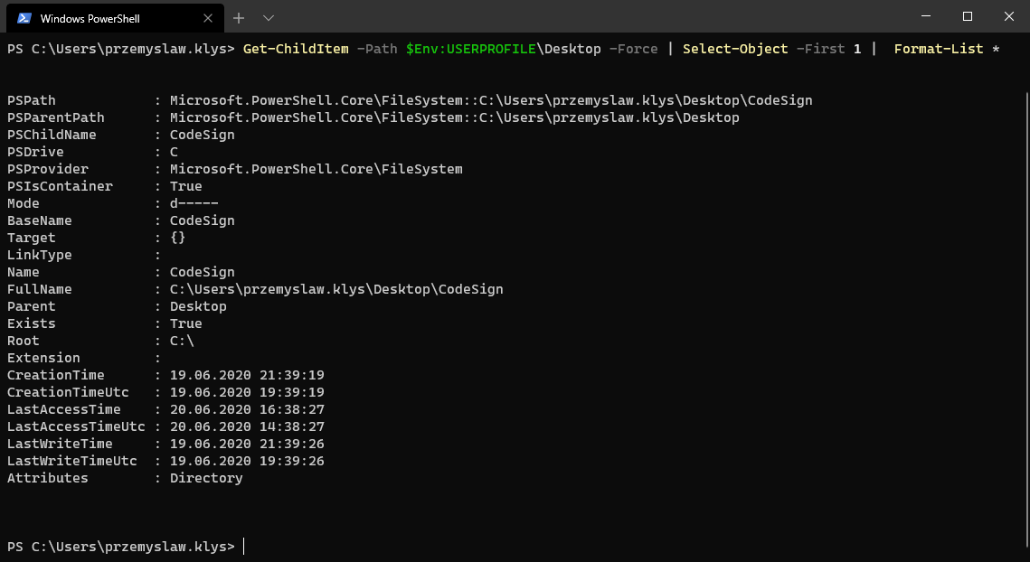 PowerShell Format-List output showing all properties for a desktop file