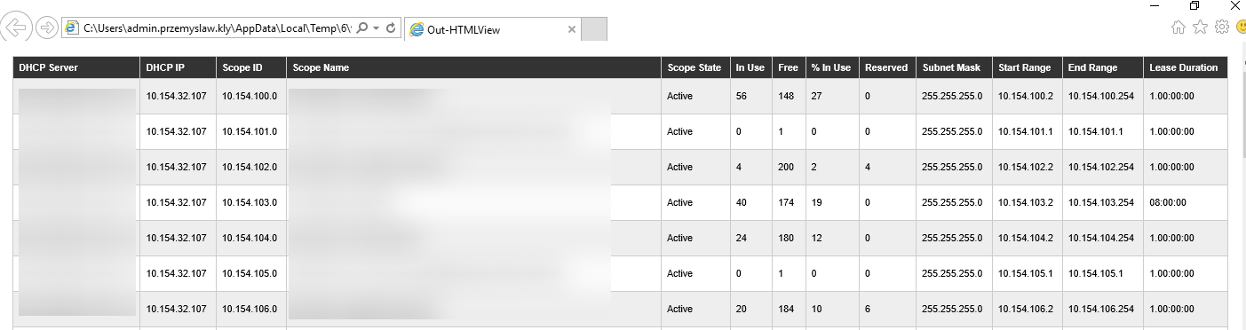 Basic Out-HtmlView page showing the DHCP report without JavaScript enhancements.