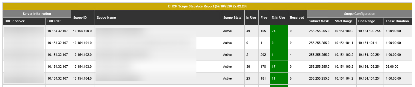 No-JavaScript DHCP report with grouped headers and formatted utilization columns.