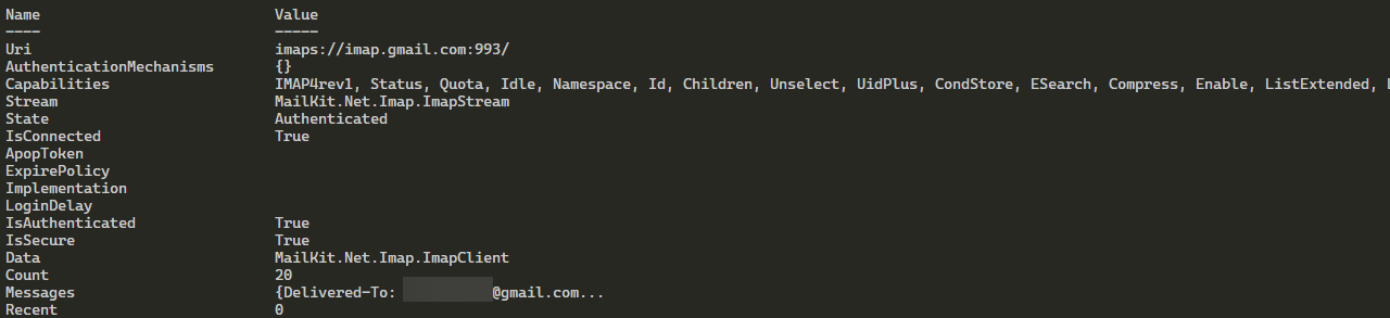PowerShell output showing mailbox data retrieved over IMAP with OAuth 2.0 authentication