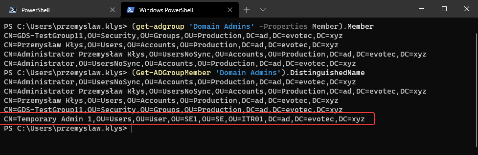 PowerShell output from Get-ADGroup Domain Admins showing the Members property missing entries.