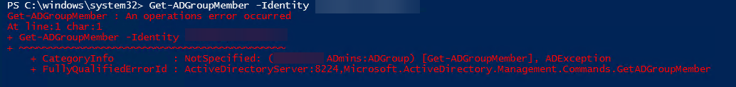 PowerShell error showing Get-ADGroupMember failing with an ActiveDirectoryServer 8224 operations error for Domain Admins.