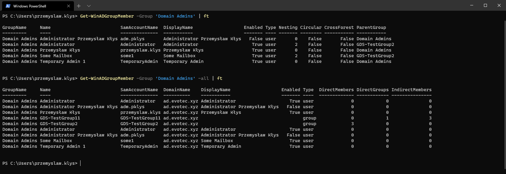 Table output from Get-WinADGroupMember -Group Domain Admins -All showing nested members and statistics.