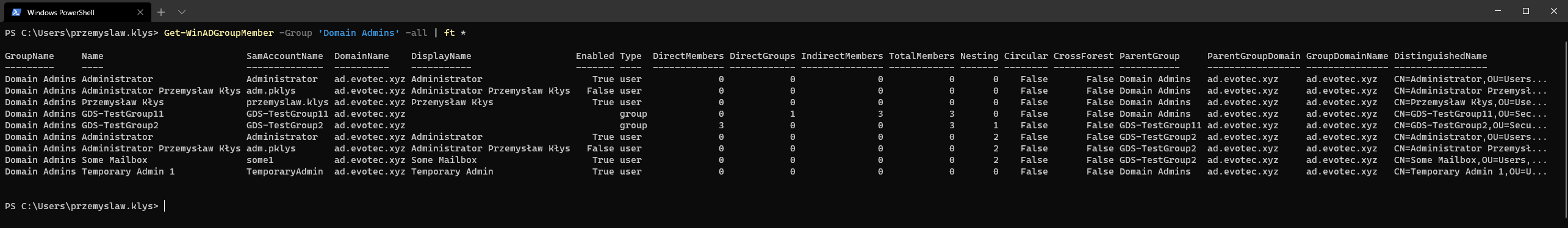 Extended Get-WinADGroupMember -All table with additional columns that do not fit the default view.