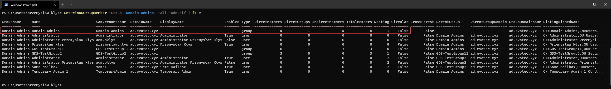 Table output from Get-WinADGroupMember -Group Domain Admins -all -AddSelf showing the group summary row.