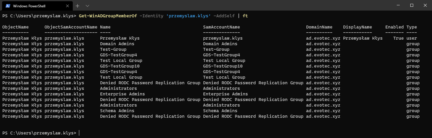 PowerShell output from Get-WinADGroupMemberOf -Identity przemyslaw.klys -AddSelf showing the parent group summary.