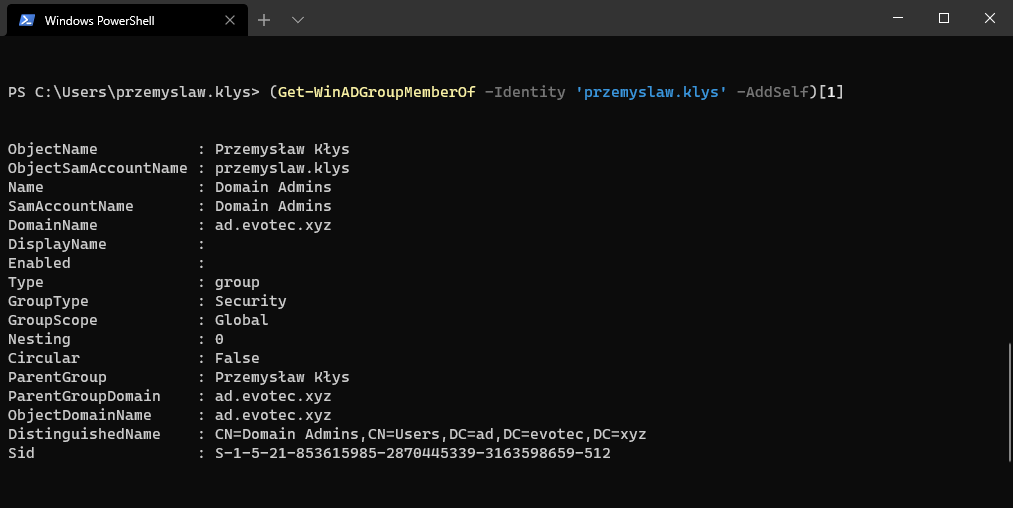 Table output from Get-WinADGroupMemberOf -Identity przemyslaw.klys -AddSelf listing parent groups and nesting levels.