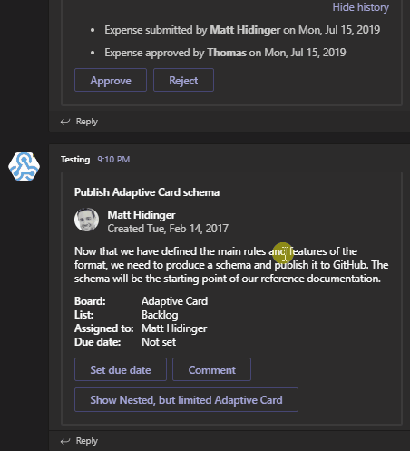 Animated adaptive card in Microsoft Teams revealing nested card content after a button click
