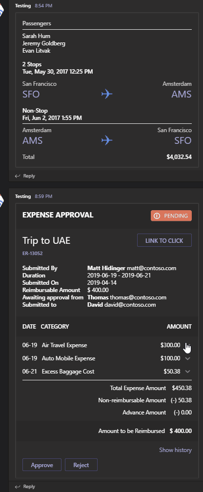Animated adaptive expense approval card in Microsoft Teams with expandable line-item details