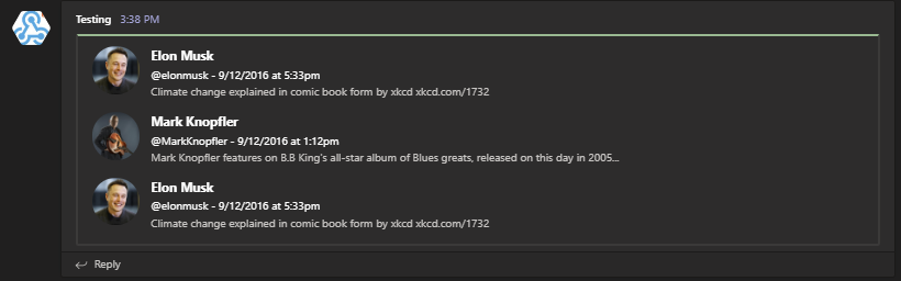 PSTeams connector card styled like a Twitter feed in Microsoft Teams