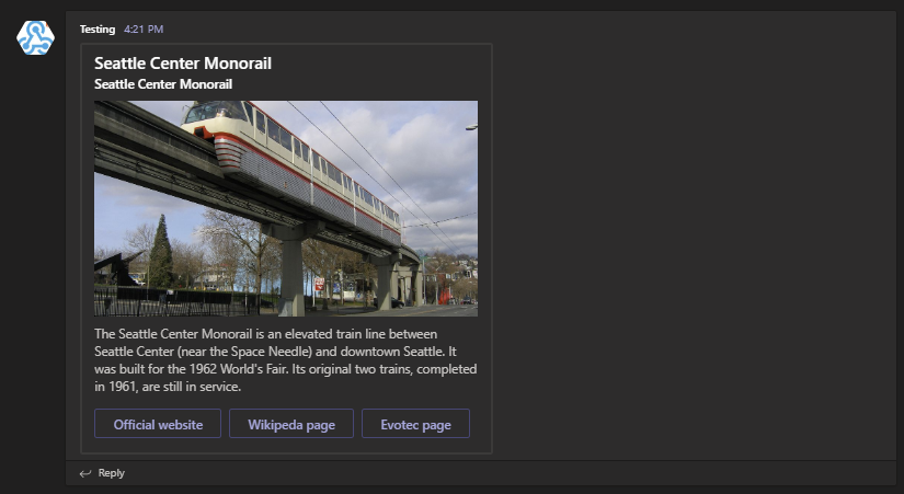Hero card in Microsoft Teams showing the Seattle Center Monorail image and action buttons