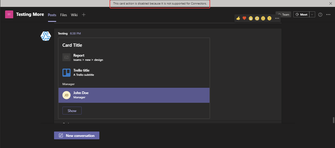 Microsoft Teams notification showing a limited action response from a list card item