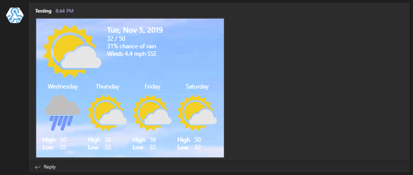 Adaptive weather forecast card in Microsoft Teams with current conditions and multi-day outlook