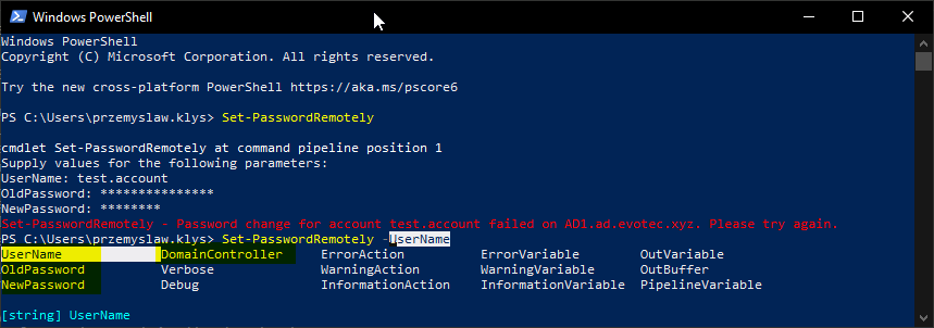 PowerShell prompt sequence from the tool that changes an expired Active Directory password