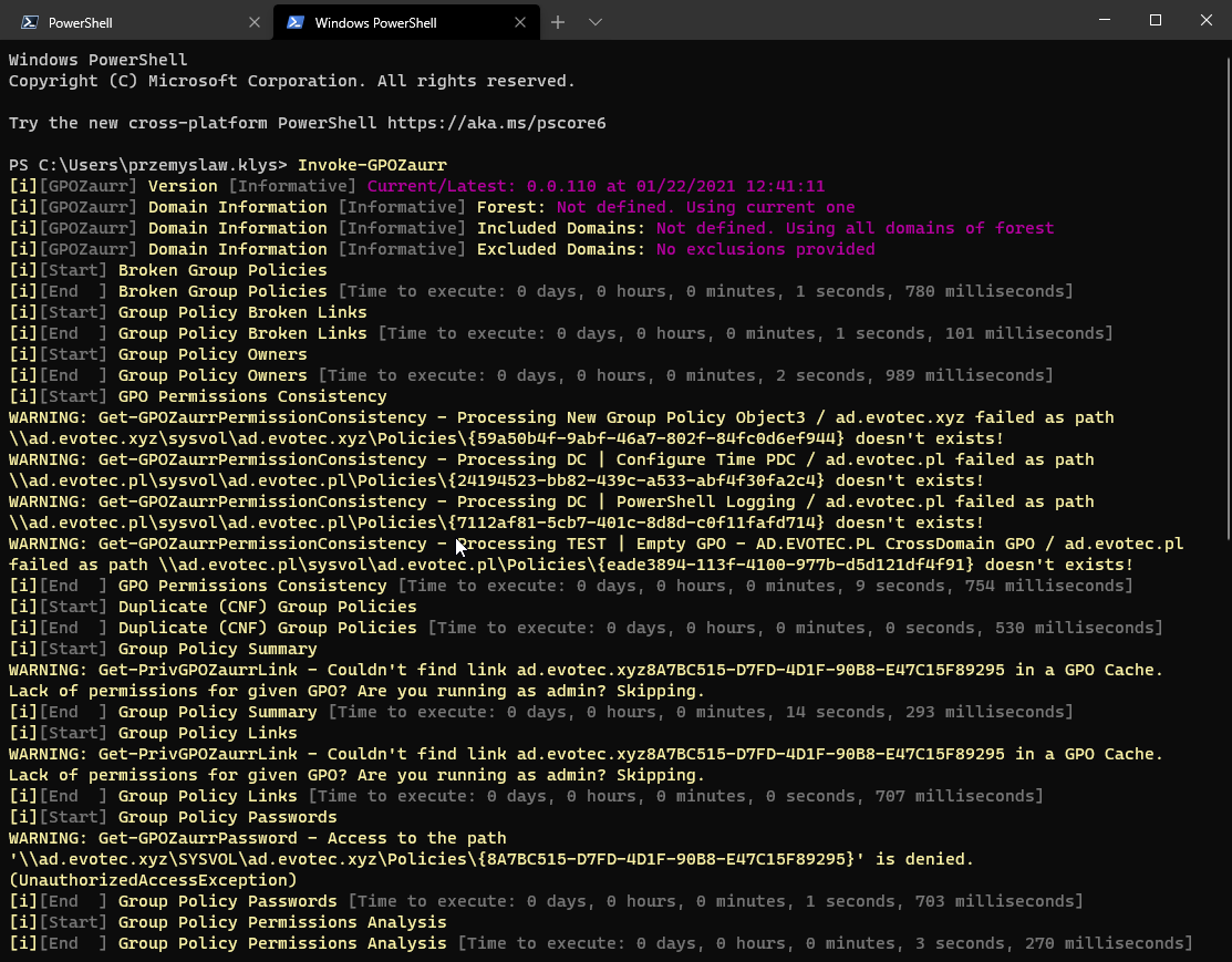 /
Please keep in mind I've tested GPOZaurr only on English based Active Directory. I have no clue how it will behave on non-English systems. As I've not worked with other languages for a while, I don't remember if object types are still reported in English by PowerShell or reported in language equivalent. Be careful.
💡 Useful Links
Please make sure to visit GitHub to review sources or report issues. If you're going to use it, I recommend doing it via PowerShellGallery as that version is minimized and optimized. Reviewing sources is easier on the GitHub version as it has more comments and is divided into sections.
- The code is published on GitHub
- Issues should be reported on GitHub
- Code is published as a module on PowerShellGallery
The module is signed with a certificate, like any new modules that I create or update.
Install-Module GPOZaurr -Force
💡 Invoke-GPOZaurr – One command that makes a difference
As mentioned before, Invoke-GPOZaurr follows a similar pattern to what Invoke-Testimo does. When run without any parameters, it will go thru all available reports one by one to deliver a full-scope scan. Keep in mind that running this cmdlet without any parameters is fine for small domains, but it will take hours to complete for larger domains. For the domain of 5000 GPOs, some reports can take even 2 hours to complete.
![Invoke-GPOZaurr console output showing the command starting a full report run and listing detected policy issues.