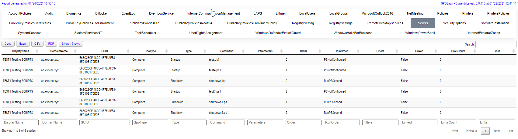 GPOAnalysis tab for Scripts showing startup and shutdown script entries with order and run order columns.
