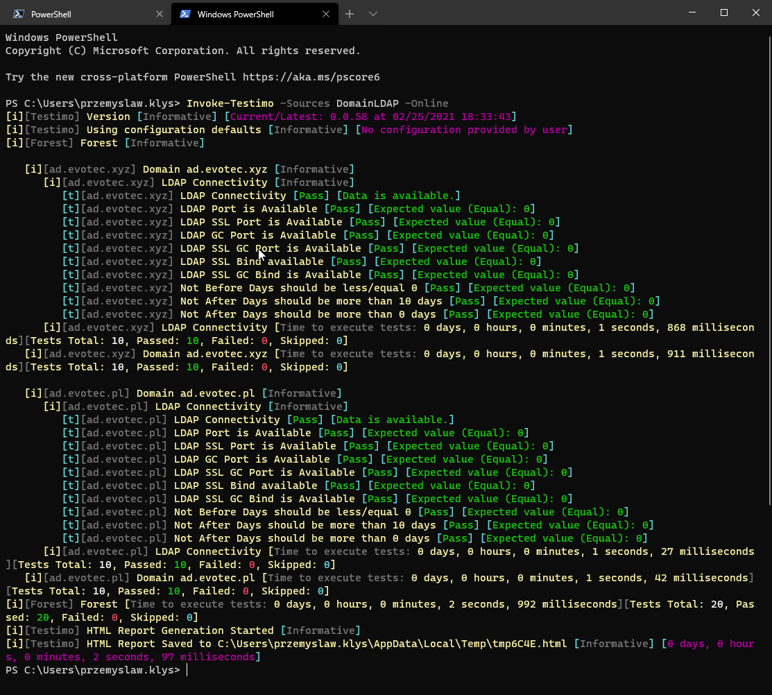 Testimo HTML report summary for the DomainLDAP test