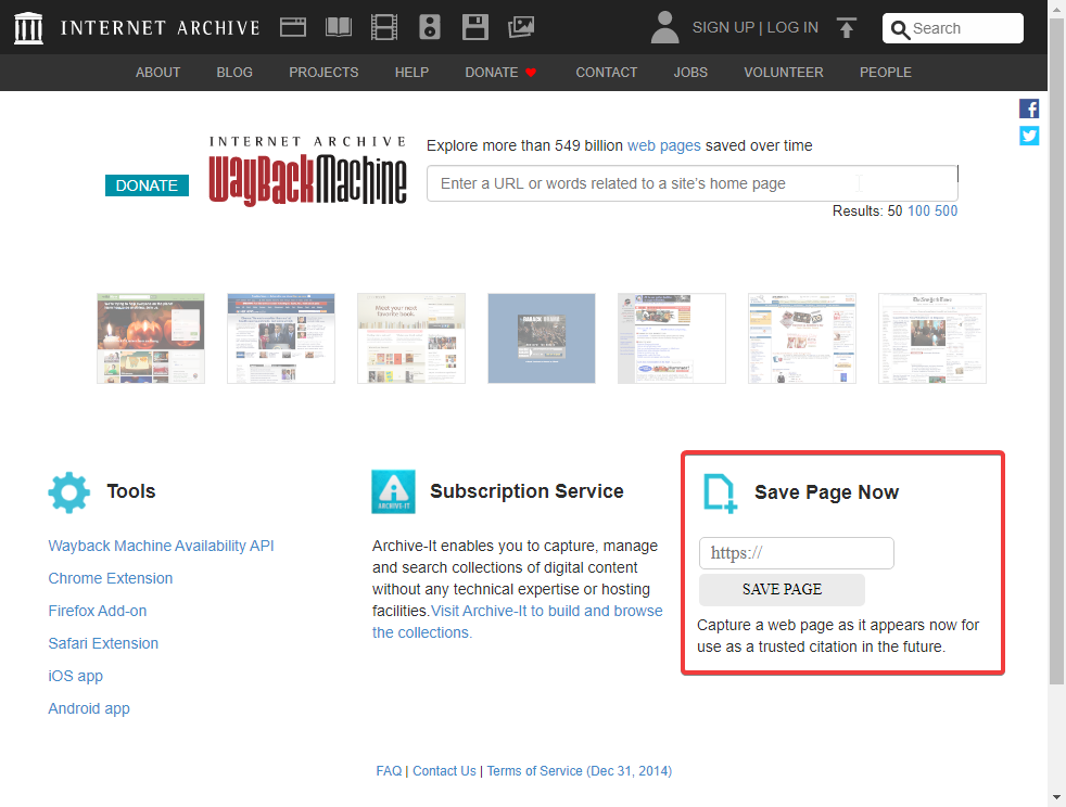 Internet Archive Wayback Machine homepage with the Save Page Now form highlighted
