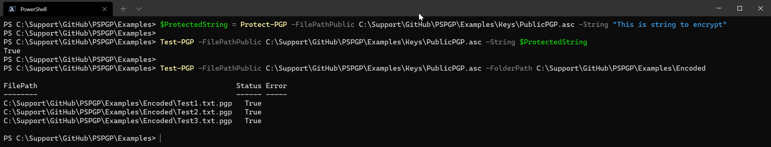 PowerShell session using Test-PGP to verify an encrypted string and three .pgp files with a True status for each result.