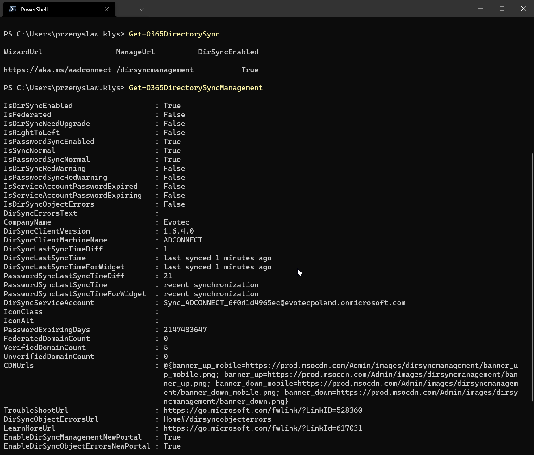 PowerShell output of Get-O365DirectorySync and Get-O365DirectorySyncManagement