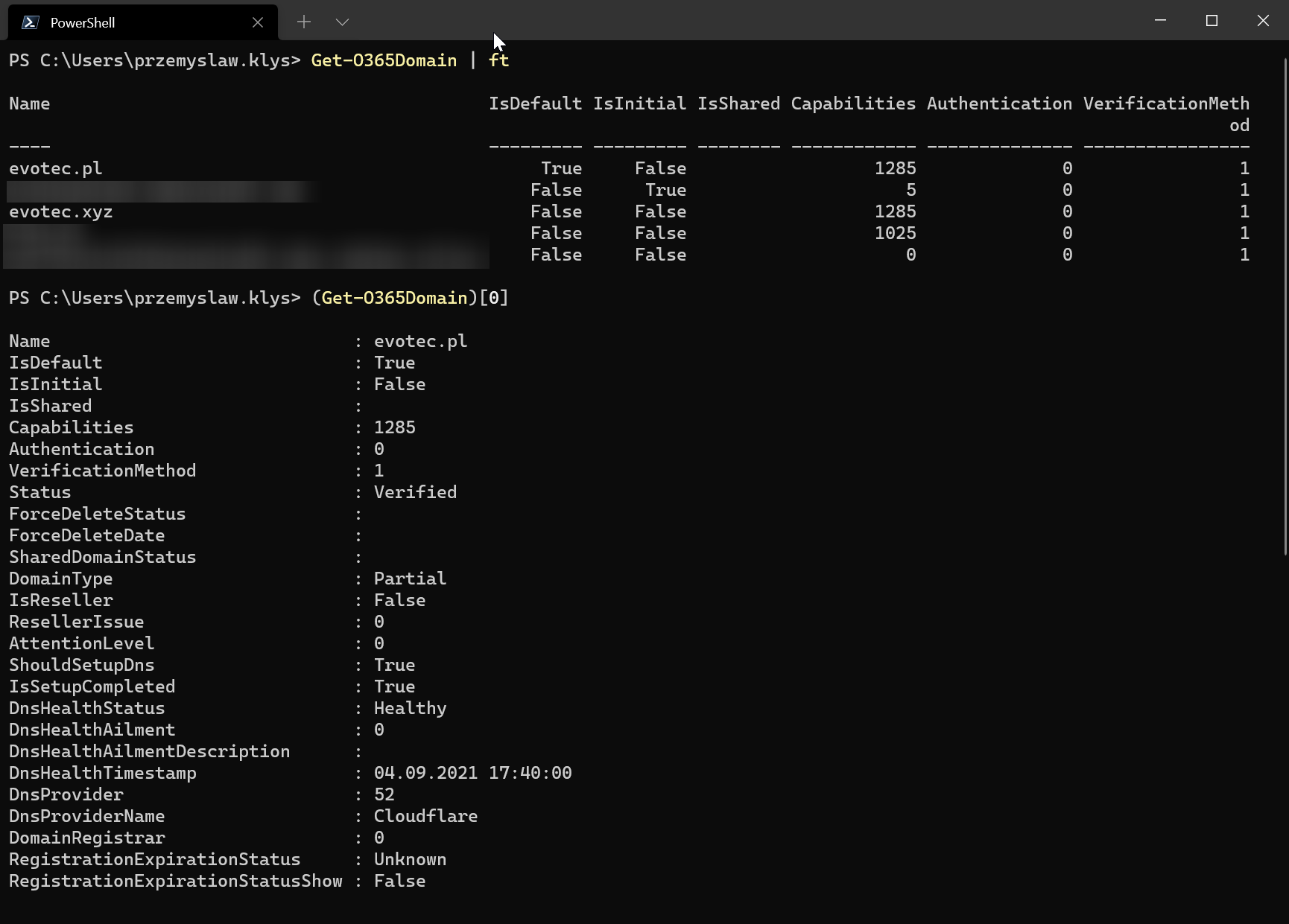 PowerShell table listing Office 365 domains and verification details