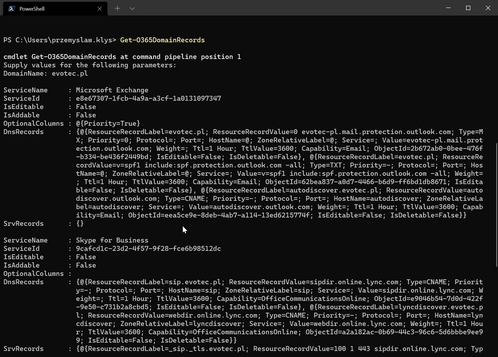 PowerShell output of Get-O365DomainRecords for evotec.pl